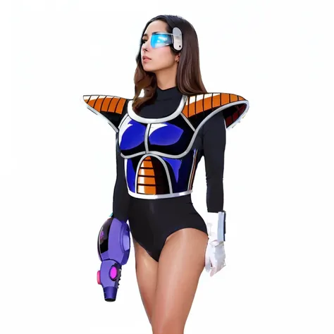 Woman in black and blue costume with helmet and goggles, as a retro futuristic heroine, as a retrofuturistic heroine, Cyber Universe Style, cyborg fashion model, tokusatsu suit vaporwave, in a space cadet outfit, saiyan girl, monokini, with shoulder pads, ...