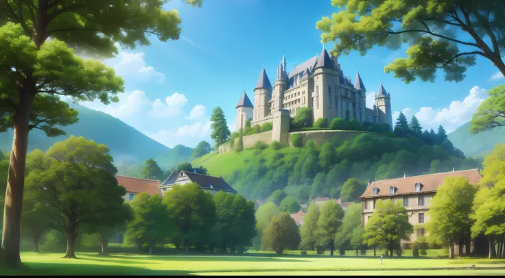 Ancient village, anime style, world of magic, natural green grass, sunny, blue sky, trees, big houses, castle in the background,Ancient village, anime style, world of magic, natural green grass, sunny, blue sky, trees, big houses, castle in the background,...