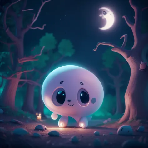 cute sad ghost ,3d render, painting digital, cartoon character, cute , luminescent, in the night, forest, tree, moon ,good quality