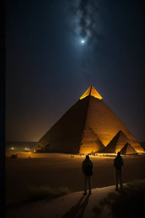 It is a very dark night, but very warm and the pyramid is lit only by the bright moonlight. A contemporary couple stands at the top of Cheops pyramid and looks down over the plain and the city.