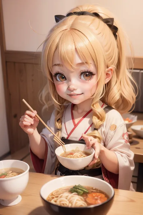 chibi girl, with curly blonde hair, smiling, eating Japanese ramen, anime style