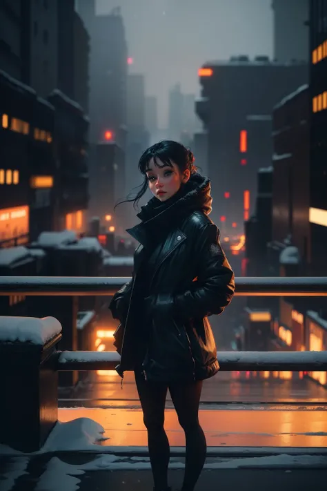 arafed young woman standing on a bridge in a city at night, forest city streets behind her, night in the city, on a rooftop, reminiscent of blade runner, gothic city streets behind her, city rooftop, in a rooftop, on rooftop, inspired by Elsa Bleda, standi...