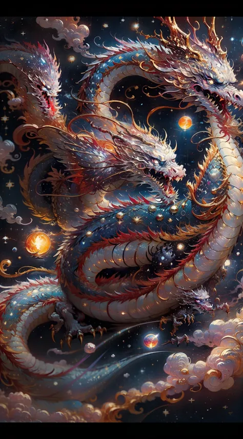 A celestial Chinese Dragon flying in the night sky, moon illuminating vibrant colors of dragon scales ((red, blue, gold:1.3)), mid-20th century vintage oil painting vibe ((Van Gogh style:1.2)), (pearly teeth:1.5), fiery eyes, cosmic stars in the background...