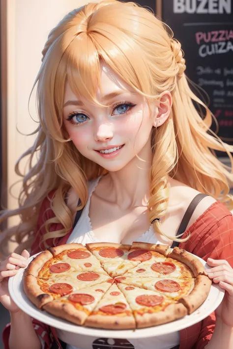 Woman, with curly blonde hair, smiling, eating pizza, anime style