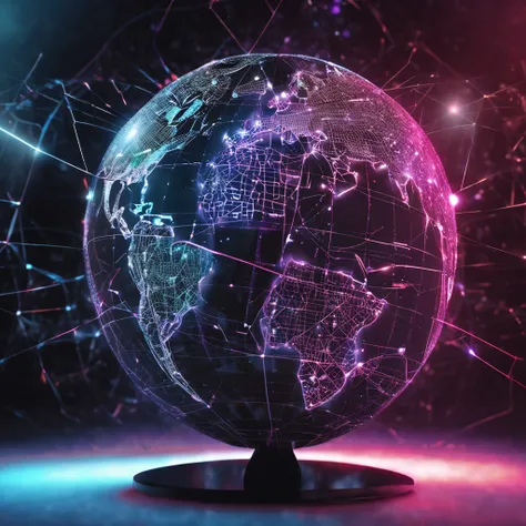 A technological globe in hologram, It is formed by the internet network, success of online ads, entrepreneur who is evolving, Rise of consciousness, sucesso financeiro, dimension 16:9, background black, futurista