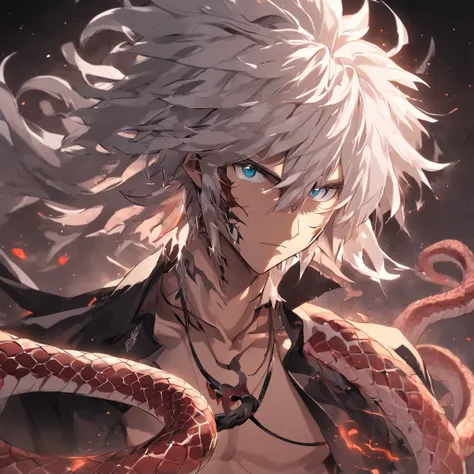 Anime male with white hair, blue eyes and snake, snake human hybrid, handsome japanese demon boy, handsome guy in demon killer art, snake man, lower half of his body is snake, with snakes for hair, male medusa, beautiful male god of death, jormungandr, xqc...