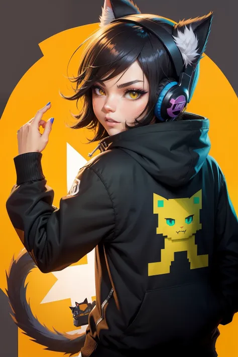 Design a graffiti-style cat silhouette wearing a hooded sweatshirt, GBL headphones, and featuring a playful fusion of Minecraft and Naruto elements. The cat should face forward, suitable for use as a profile picture (PFP).Energetic cat silhouette with graf...