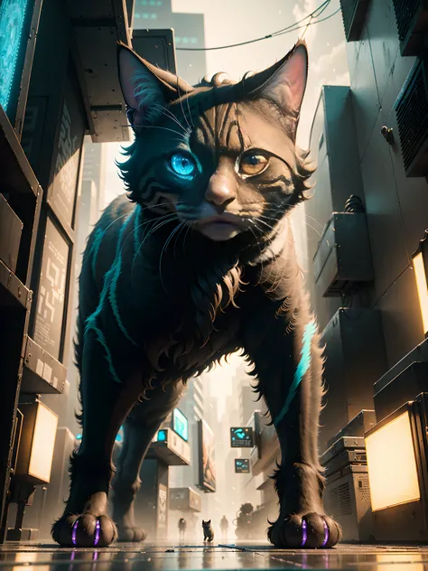 ((best quality)), ((masterpiece)), ((realistic)), Cyborg cat roams stealthily in a futuristic alleyway amidst neon-lit ambiance and subtle mist, captured in the surreal biomechanical style of H.R. Gigers digital painting. The urban cyberpunk landscape is m...