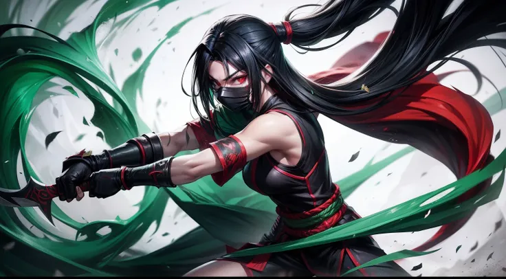 Alkali league of legends, medium length hair, black hair color, red eyes, green ninja clothes, green mouth mask, sickle-like weapons in both hands. akali lol splash art, ninja, 8k, hd, alkali lol,