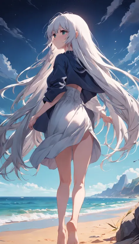 Beach，Look up，long white hair，Dark,stretch、exercise、