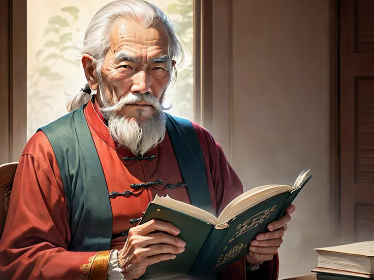 Old Chinese man with white beard with a book in his hands