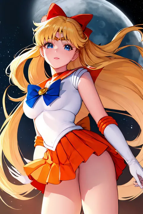 ​masterpiece, Top  Quality, high resolucion, SV1, Sailor Senshi Uniform, Orange skirt, elbow glove, tiara, Pleated skirt, mini-skirt, red bow, Orange Choker, white glove, gemstones, daoshi, natta, the moon, standing,rape