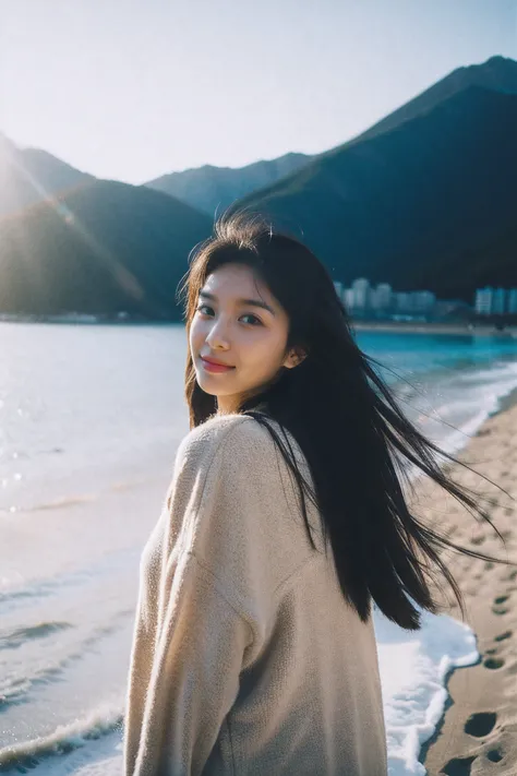 raw portrait:: ,  photorealistic , long hair ,  wind in the hair , young beautiful mother at the beach, mountains in the background, photography style, 85mm bookeh detailed, high resolution, high quality, natural lighting, ultra-detailed