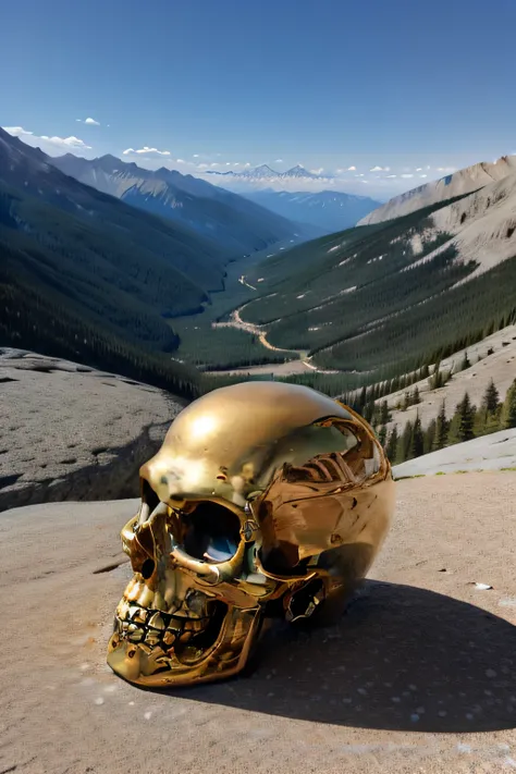 golden skull on a rocky mountain with good sun illumination.