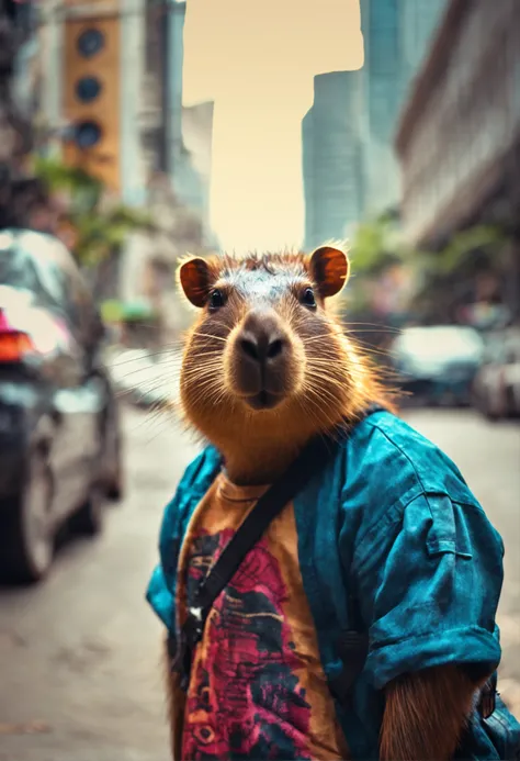 Capybara in sunglasses and headset walking the streets of São Paulo