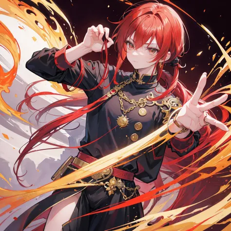 anime boy,red hair tied into a pony tail,with golden tips,brown eyes,wearing a golden dragon bangle on his left hand,it coils around his left arm ,with a ruby on it,black modern day outfit,a monastery background