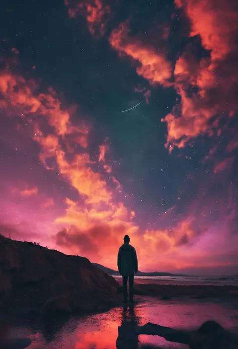 It generates a cinematic portrait of a person on his back sitting on the horizon looking up at the sky at sunset with beautiful images in a prayerful attitude.