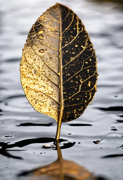 High contrast gold accent background, close-up of black leaf with water droplets, subtle color reflected by water droplets, 8k image, gold accents