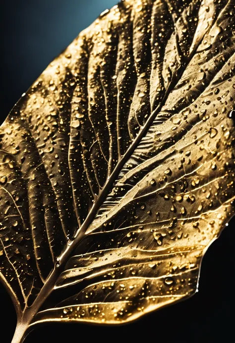 High contrast gold accent background, close-up of black leaf with water droplets, subtle color reflected by water droplets, 8k image, gold accents