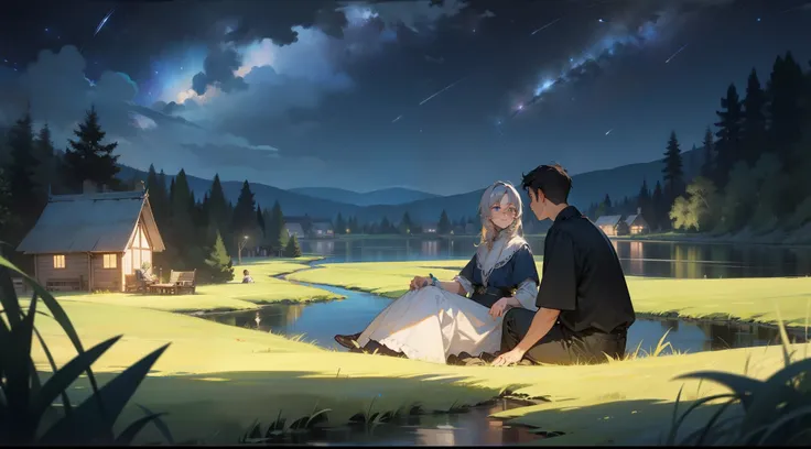 Male and female peacefully sitting outside their cottage in a vast grass field by a flowing river, under the starry night sky.