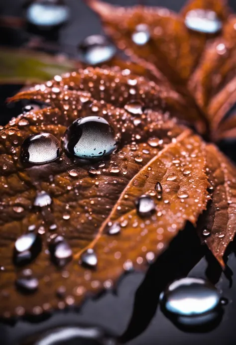 Background with high contrast detail, close-up of black leaf with water drops, subtle color reflected by water drops, 8k image, gold accents