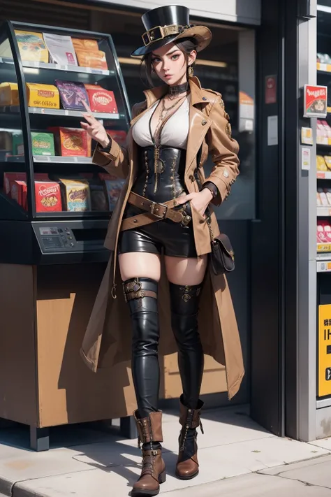 Full body, Steampunk style. stylish model in 7/11 convenience store., sci-fi.