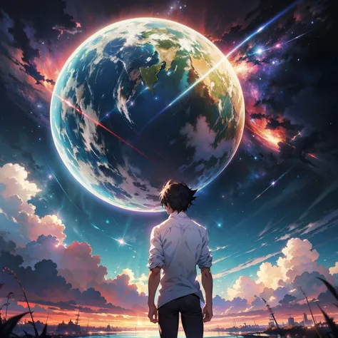 Anime - Scene style of a beautiful sky with a star and a planet, cosmic skies. por makoto shinkai, Anime Art Wallpaper 4K, Anime Art Wallpaper 4K, Anime Art Wallpaper 8K, 4k anime wallpapers, Anime Wallpaper 4k, Papel de parede anime 4k, anime sky, paper a...