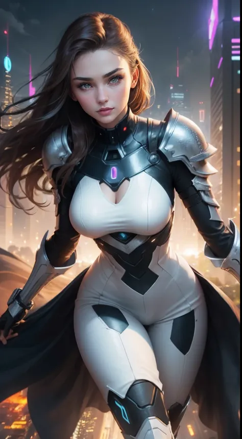 ((cate: similar to miranda kerr 28 yo & perfect face & seductive expression & white cyberpunk dress & full armor with pants & ul...