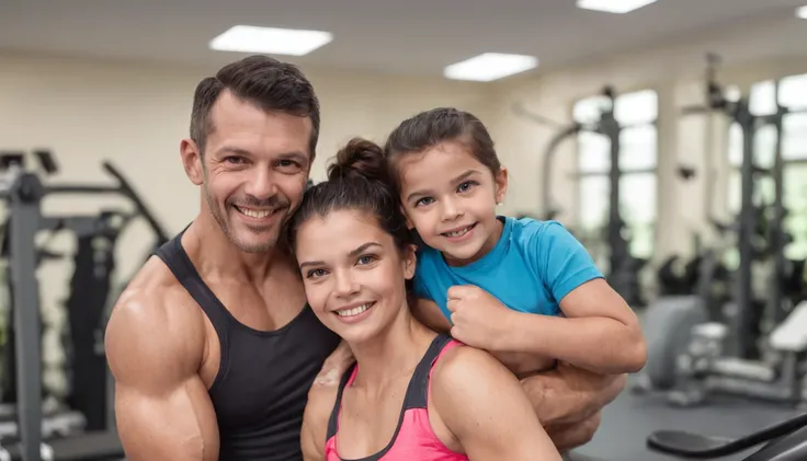 Crie uma imagem que represente a Academia Aerobic Sport Center em Presidente Prudente. The image should show a happy family engaged in a bodybuilding training session. Certifique-se de incluir pais e filhos de diferentes idades, todos sorrindo e motivando ...