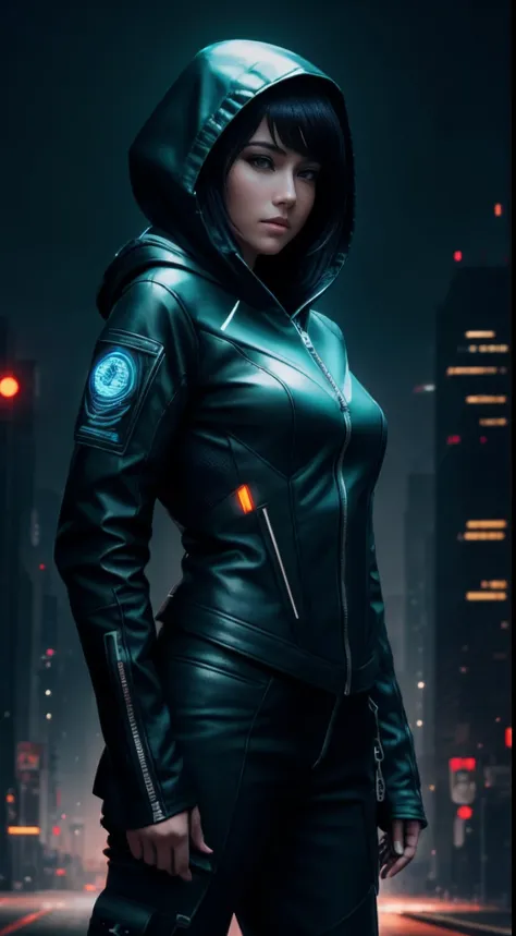 cyberpunk portrait photography, beautiful young woman looking off camera in glowing futuristic tactical hood jacket, tight cargo...