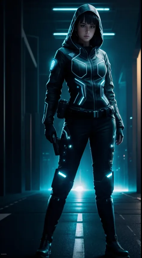 cyberpunk portrait photography, beautiful young woman looking off camera in glowing futuristic tactical hood jacket, tight cargo...