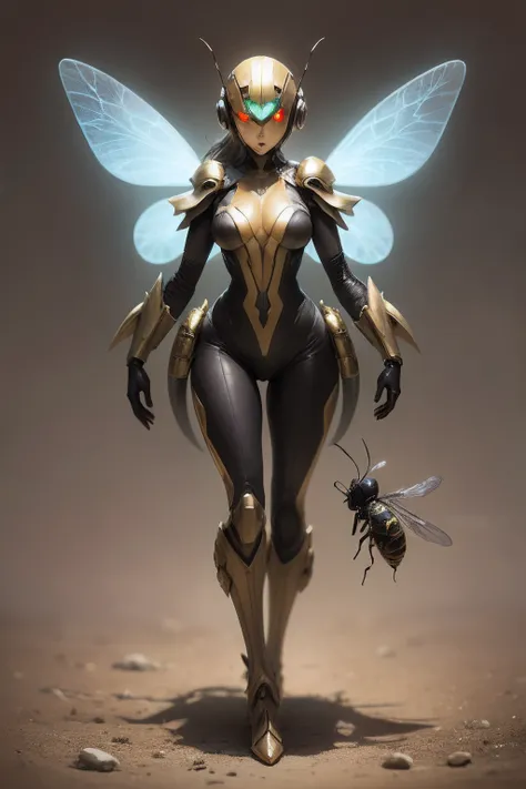 An exquisitely detailed portrayal of an astonishing Insectoid girl adorned with a remarkable Wasp Body, Shiny Plug Suit, Wasp wings, Full body, Flying,