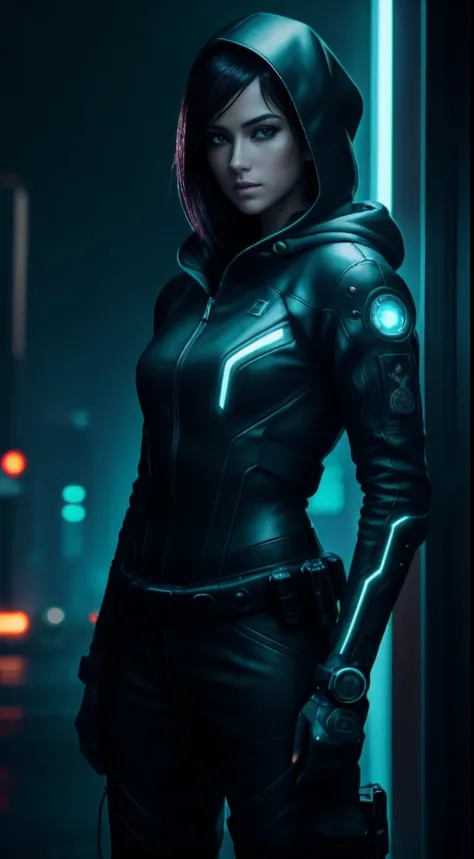 cyberpunk portrait photography, beautiful young woman looking off camera in glowing futuristic tactical hood jacket, tight cargo...