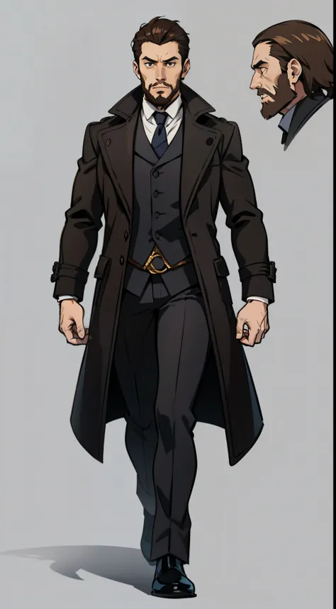 a sherlock holmes-style detective character, full body, wearing a black overcoat, brown hair, chin beard, cartoon style, white background