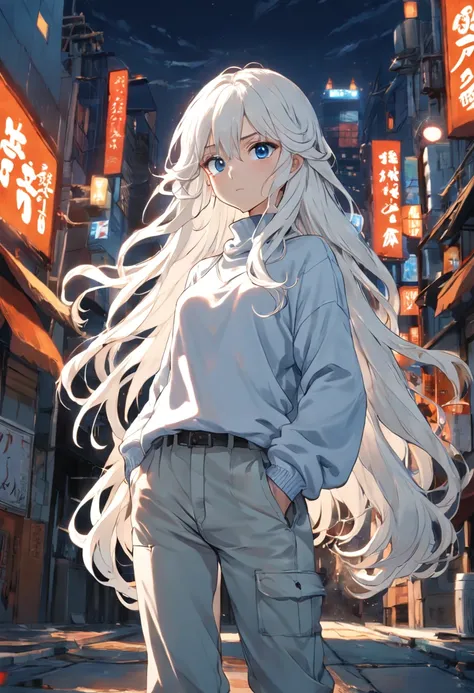 white long wavy hair , blue eyes , wearing turtle neck top , loose cargo pants , boots , cool , detailed