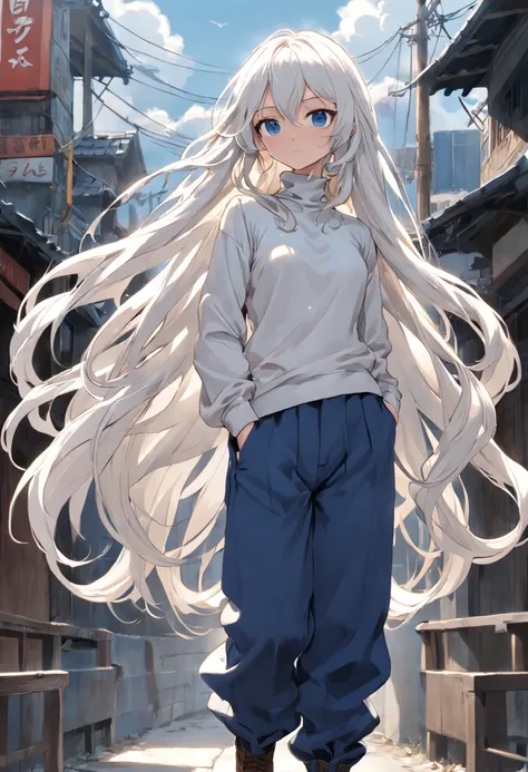 white long wavy hair , blue eyes , wearing turtle neck top , loose cargo pants , boots , cool , detailed