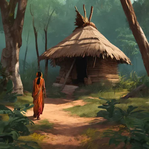 an ancient indian woman approaching a hut in a forest