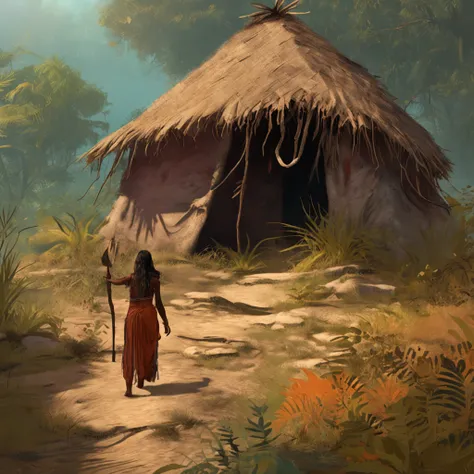 an ancient indian woman approaching a hut in a forest