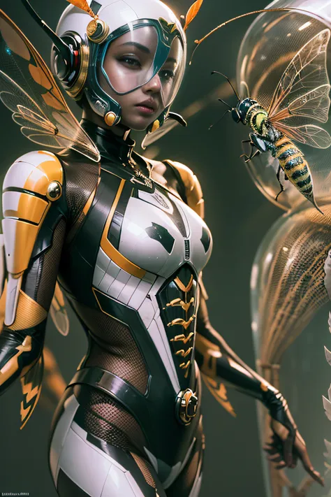 An exquisitely detailed portrayal of an astonishing Insectoid girl adorned with a remarkable Wasp Body, Shiny Plug Suit, Wasp wings, Full body, Flying, Clear Glass Visor Helmet, Beautyful Fashion model Face