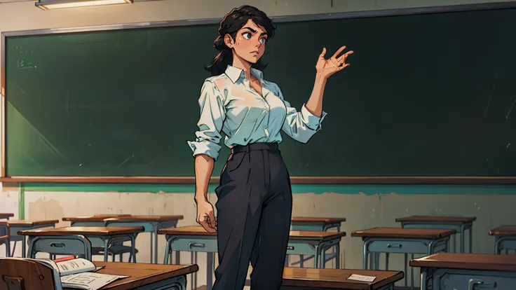 em uma sala de aula, A teacher stands in front of a blackboard, cercado por estudantes. Ela tem uma mesa grande , e um mapa no quadro negro ,o quadro negro fica ao lado da porta . The teacher is wearing a professional outfit , . Students are dressed in sch...