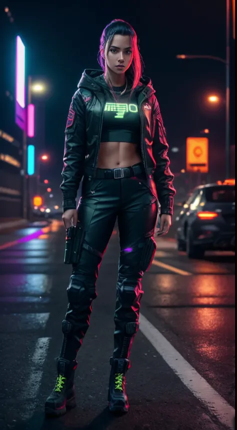 cyberpunk portrait photography, beautiful young woman looking off camera in glowing neon futuristic tactical hood jacket, tight cargo pants, tactical boots, super realistic face, proper eye position, natural skin, soft light, rim light, hips, in road side,...