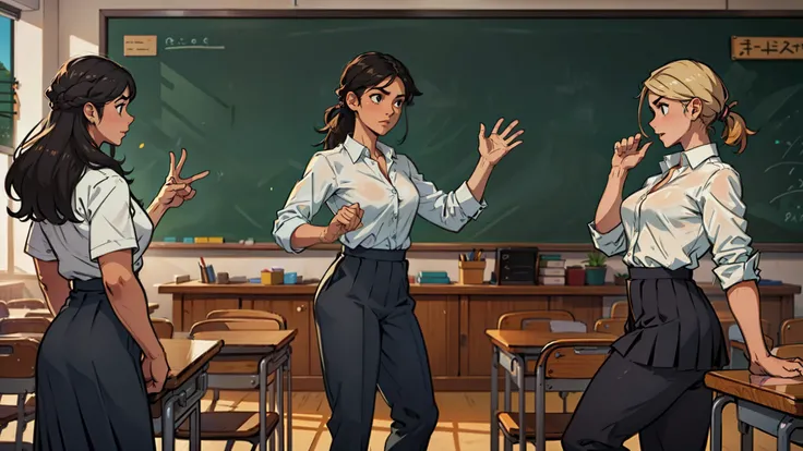 em uma sala de aula, there are several students and a teacher stands in front of a blackboard, cercado por estudantes. Ela tem uma mesa grande , e um mapa no quadro negro ,o quadro negro fica ao lado da porta . The teacher is wearing a professional outfit ...