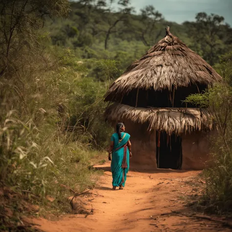 an ancient indian woman approaching a hut in a forest, long shot, detailed, 50mm lens