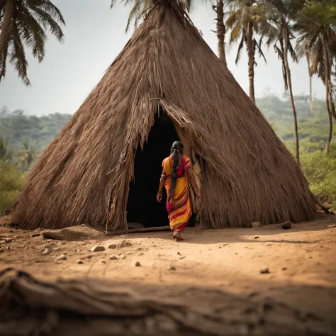 an ancient indian woman approaching a hut in a forest, long shot, detailed, 50mm lens