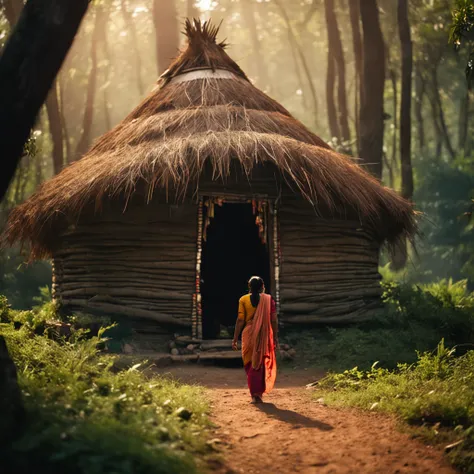 an ancient indian woman approaching a hut in a forest, long shot, detailed, 50mm lens