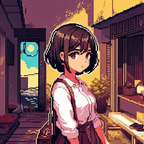 menina, casaco preto, cabelos preto, casa abandonada, completamente em pixel art, cabelo curto, segurando uma flor, no por do so...