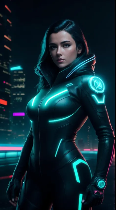 tron, cyberpunk portrait photography, beautiful young woman looking off camera in glowing neon futuristic tactical hood jacket, tactical boots, super realistic face, proper eye position, natural skin, soft light, rim light, hips, in road side, detailed bac...