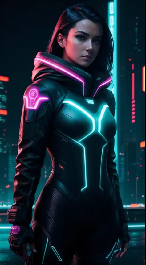 tron, cyberpunk portrait photography, beautiful young woman looking off camera in glowing neon futuristic tactical hood jacket, tactical boots, super realistic face, proper eye position, natural skin, soft light, rim light, hips, in road side, detailed bac...