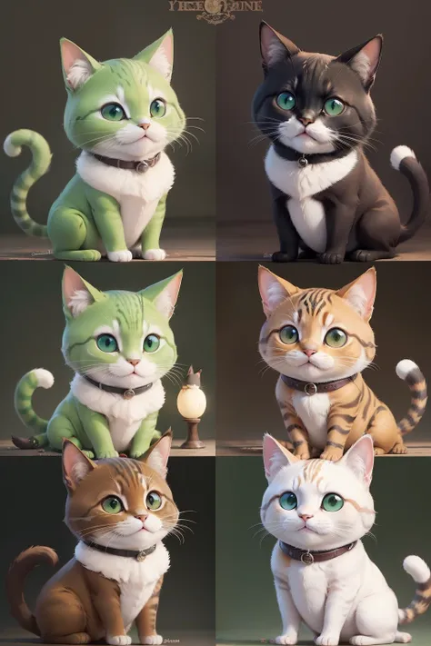 desenhe um gato verde com listras marrons, fofinho, with various expressions