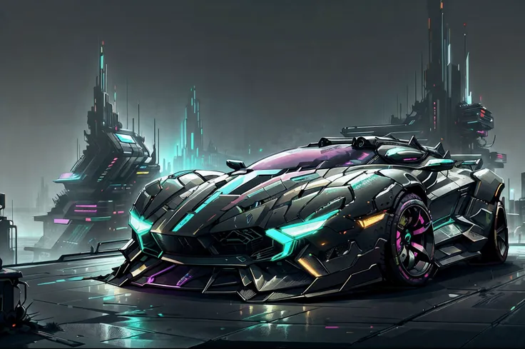 Cyberpunk city in background, future supercar like lamborghini, zoomed out, whole picture